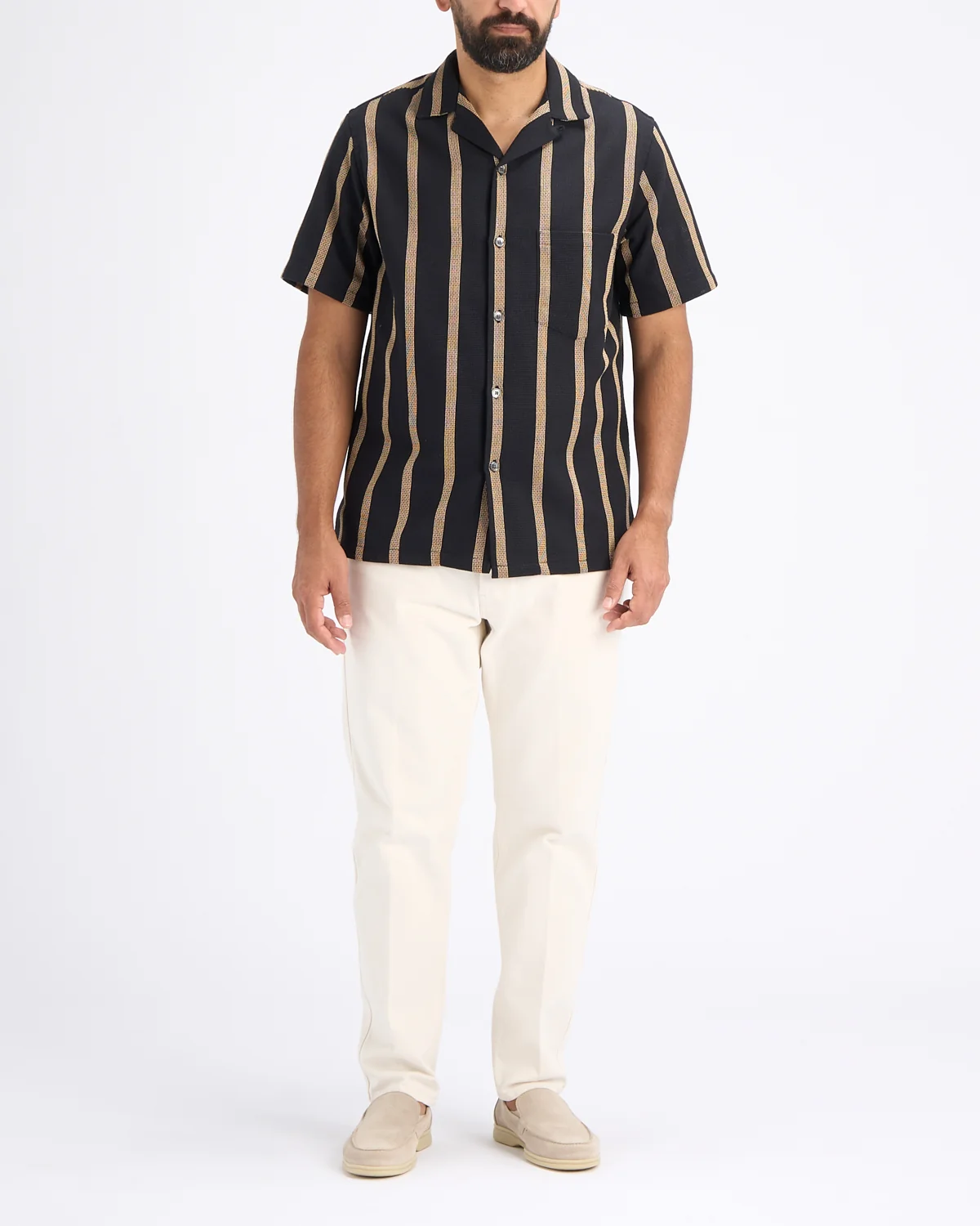 'Marques' Structured Cotton Jacquard Stripe Camp Collar Shirt - Image 12