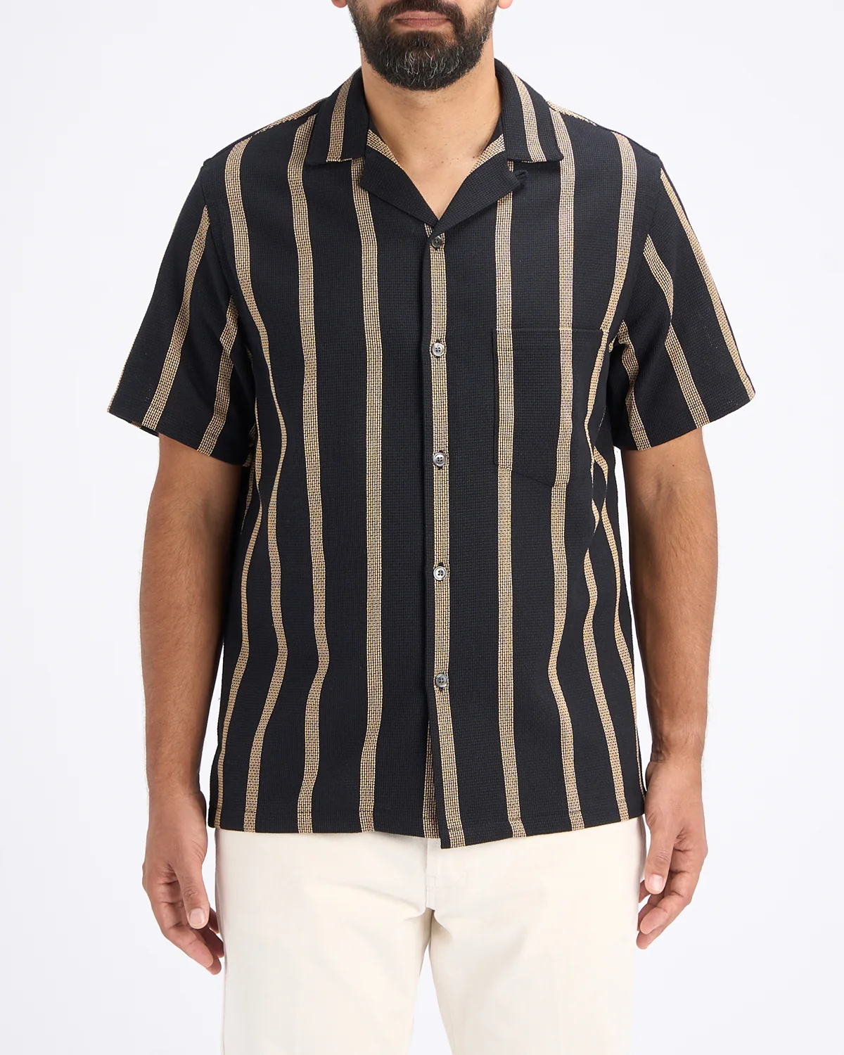 'Marques' Structured Cotton Jacquard Stripe Camp Collar Shirt - Image 2