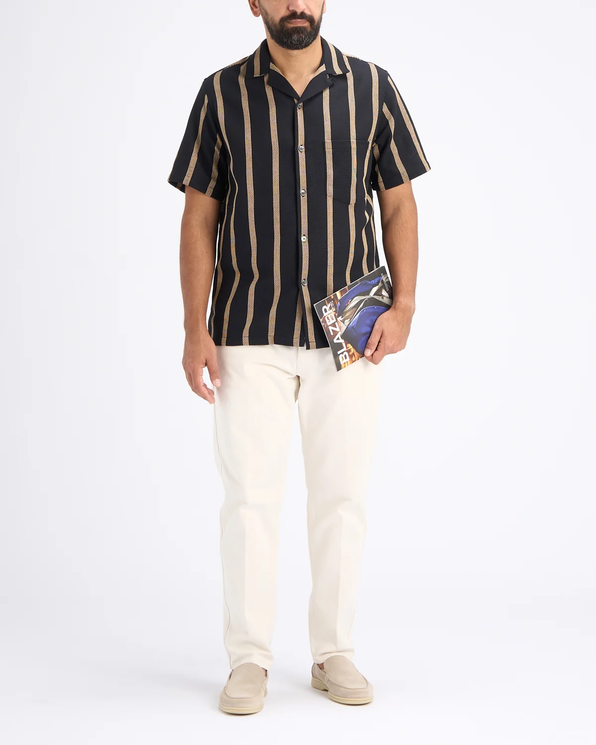 'Marques' Structured Cotton Jacquard Stripe Camp Collar Shirt - Image 6